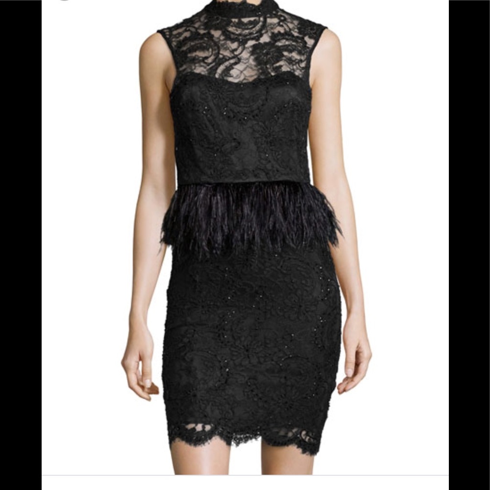 Alice+Olivia Embellished-Lace Feather-Peplum Dress